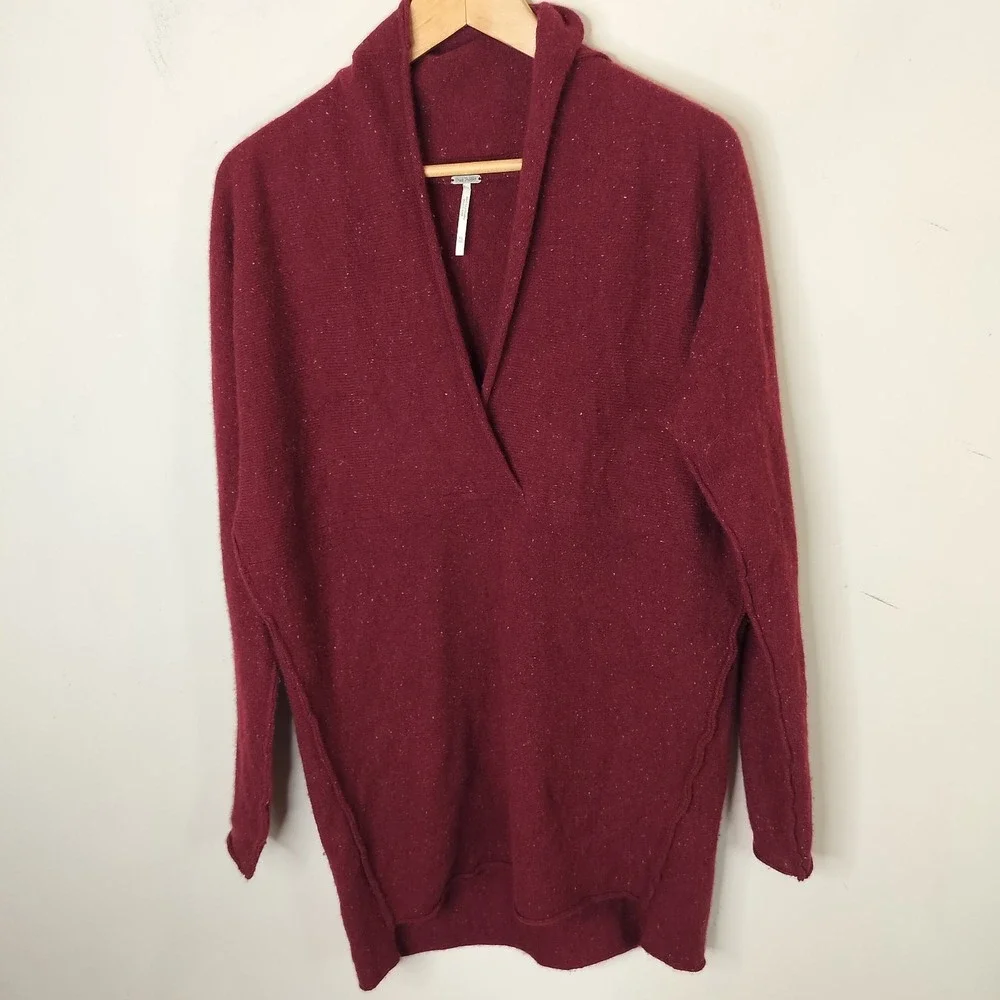 Free People Cashmere‎ Sweater Red Speckled Tunic Shawl Collar
